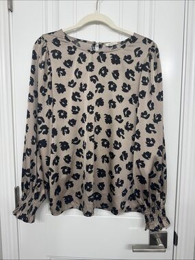 Beige Leopard-Print Long Sleeve Blouse